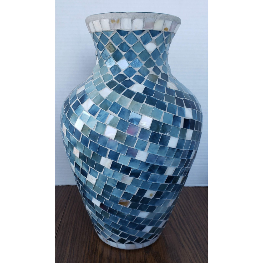 Mosaic 12 Inch Tall Blue White Tiled Glass Large Vase - Picture 4 of 15